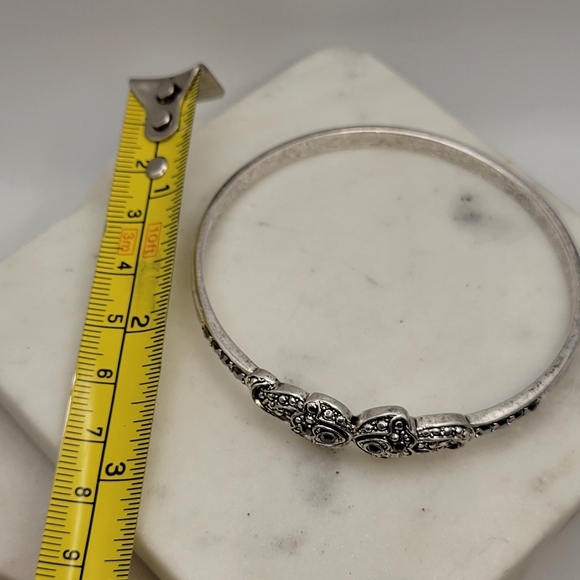 Sterling Silver Bangle Bracelet with Intricate Marcasite Detailing Unsigned - Picture 6 of 16